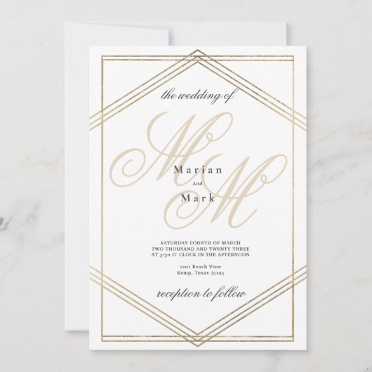 白金ゴールドモノグラムイニシャル幾何結婚の 招待状 (正面)