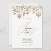 白金ゴールドモノグラムイニシャル雪結婚片 招待状 (正面)