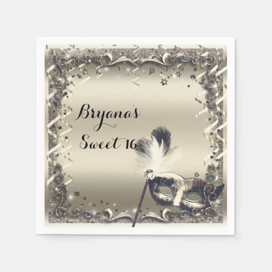 白金ゴールド仮装マスクボエレガントールパーティー スタンダードカクテルナプキン (正面)