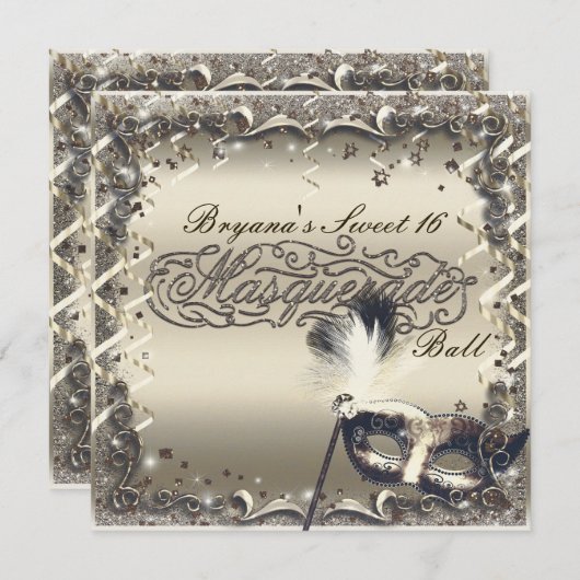 白金ゴールド仮装マスクボエレガントールパーティー 招待状 (正面/裏面)