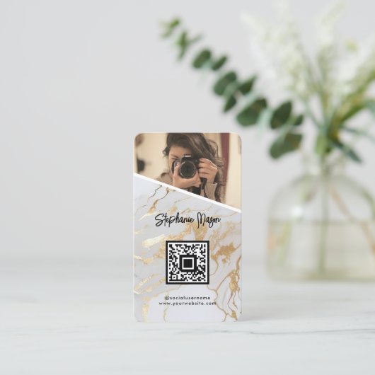 白金ゴールド大理石写真QRコードモダン撮影 名刺 (スタンド正面)