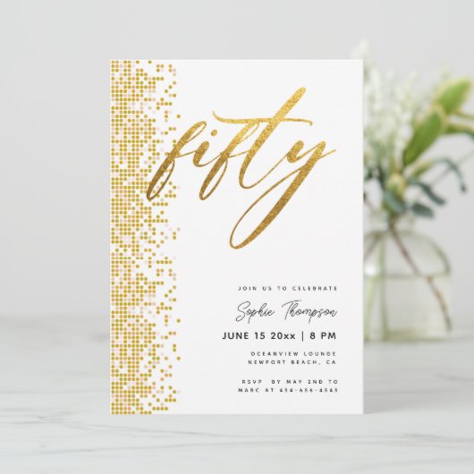 白金ゴールド幾何グリッターエレガント50誕生日 招待状 (スタンド正面)