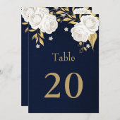 白金ゴールド花ネイビーブルーテーブル番号 招待状 (正面/裏面)