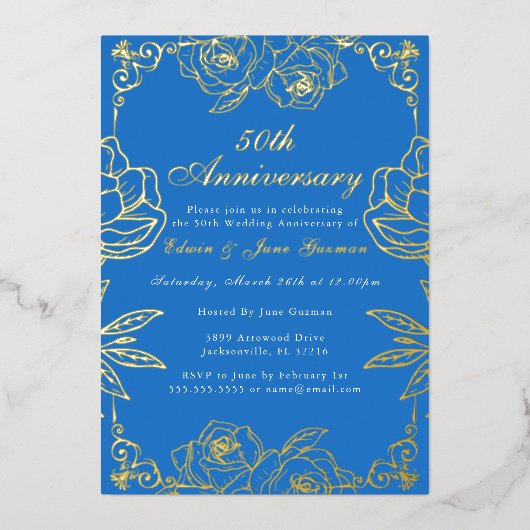 白金ローズガーデン 50周年 結婚記念日  箔招待状 (正面)