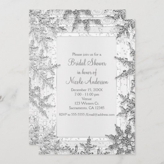 白銀の冬の雪の花 Bride Shower 招待状 (正面/裏面)