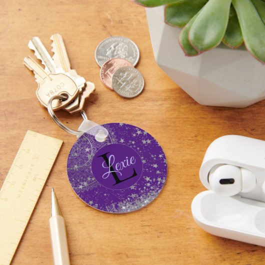 白銀の星が紫色に輝く蓮カスタム曼荼羅 キーホルダー (デスク)