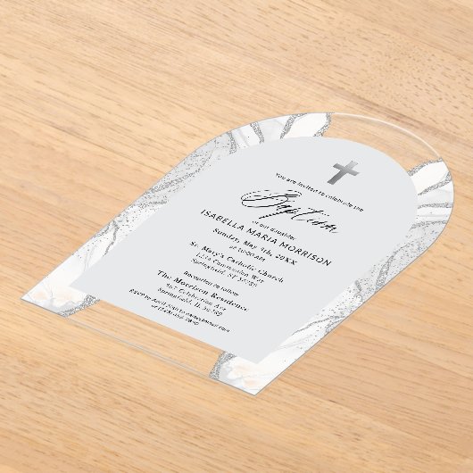 白銀アゲテモダンバプテスマエレガント アクリル招待状 (レイダウン)
