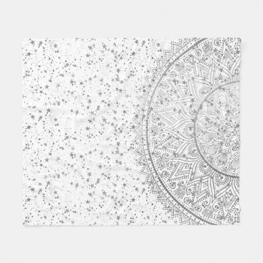 白銀星付きシルバーロータス曼荼羅 フリースブランケット (正面(横))