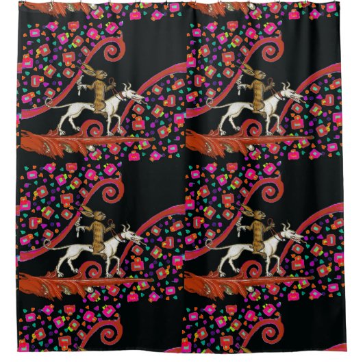 白風変わりい犬に乗る中世の悪いウサギ シャワーカーテン (正面)