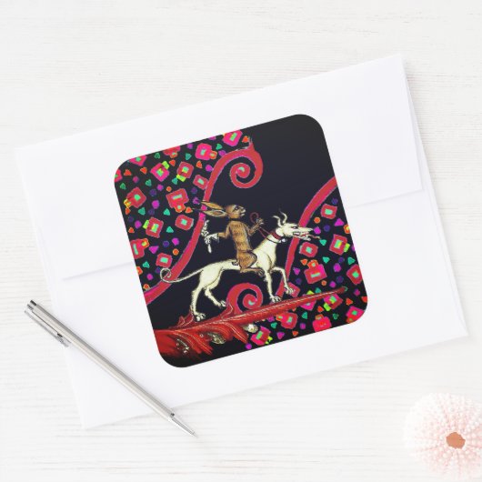 白風変わりい犬に乗る中世の悪いウサギ スクエアシール (封筒)