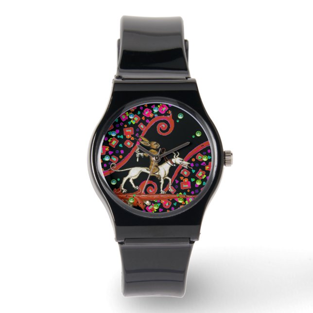 白風変わりい犬に乗る中世の悪いウサギ 腕時計 (正面)