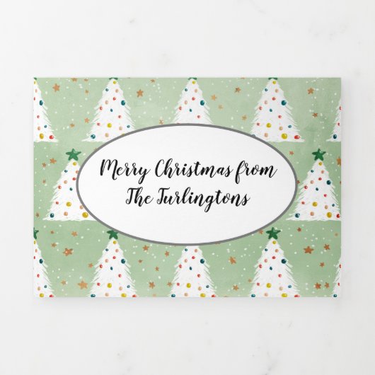 白飾クリスマスツリーズグリーンスター&オーナメント 三つ折りクリスマスカード (カバー)