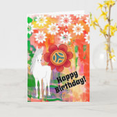 白馬と花ヒッピーカラフル誕生日 カード (黄色い花)
