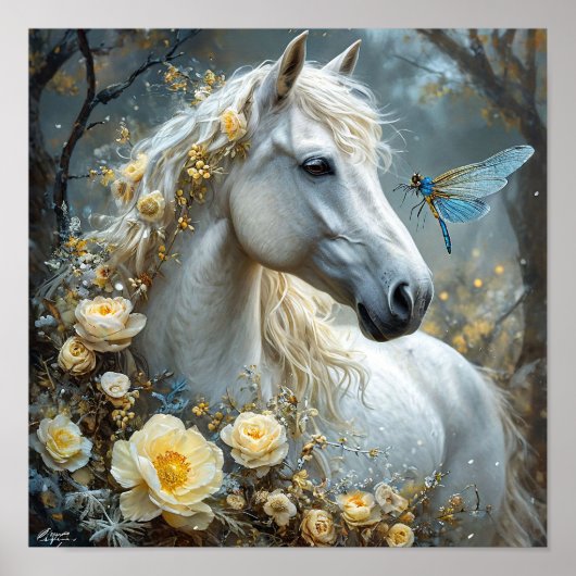 🐎 白馬のトンボと白いバラの夢の世界 ポスター (正面)