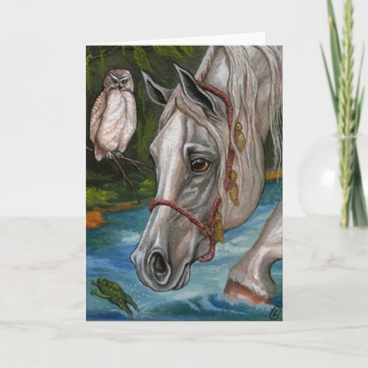 白馬のフクロウのメッセージカード カード (正面)