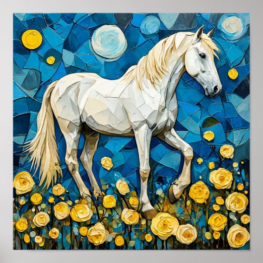 🐎 白馬のモザイク ブルー フローラル ファンタジー アート ポスター (正面)