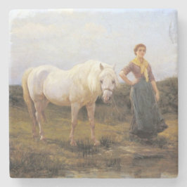 白馬を水に誘う田舎の女性 ストーンコースター