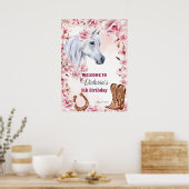 白馬ピンクの花女性のカーボーイ誕生日へようこそ ポスター (キッチン)