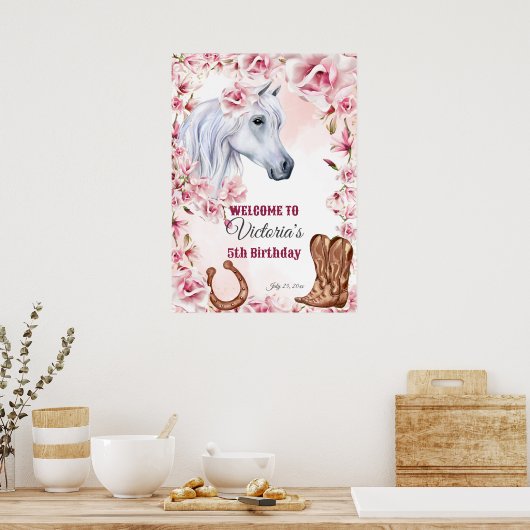 白馬ピンクの花女性のカーボーイ誕生日へようこそ ポスター (キッチン)