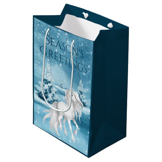 白馬冬の季節の挨拶クリスマス ミディアムペーパーバッグ (正面アングル)