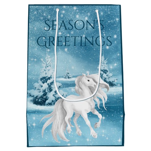 白馬冬の季節の挨拶クリスマス ミディアムペーパーバッグ (裏面)