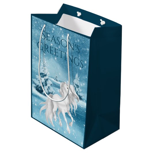 白馬冬の季節の挨拶クリスマス ミディアムペーパーバッグ (裏面アングル)