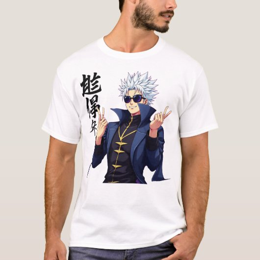 白髪スタイリッシュのアニメキャラクターとサングラス Tシャツ (正面)