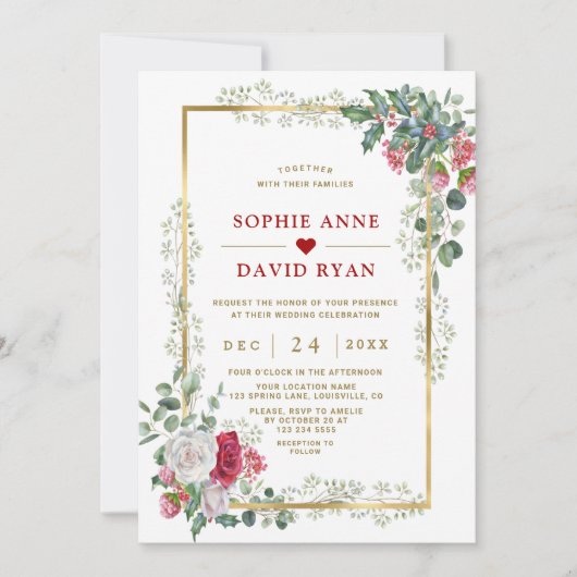 白魅力的赤フローラ金ゴールド結婚クリスマス 招待状 (正面)