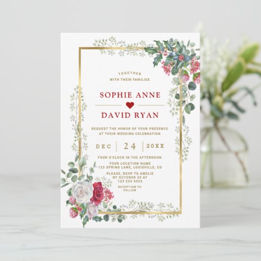 白魅力的赤フローラ金ゴールド結婚クリスマス 招待状 (スタンド正面)