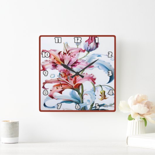 白鮮やか背景に開花したユリ スクエア壁時計 (ホーム)