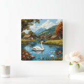 白鳥が湖に浮かぶ スクエア壁時計 (ホーム)