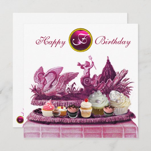 白鳥とカップケーキの誕生日パーティーのピンクのチャリオット 招待状 (正面/裏面)