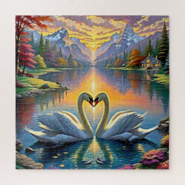 白鳥と息をのむような山エレガントの夕日 ジグソーパズル