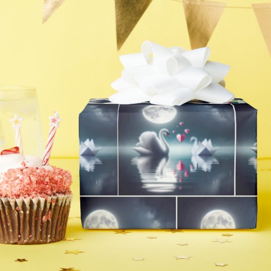 白鳥と折り紙白鳥とハート ラッピングペーパー (誕生日パーティー)