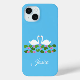 白鳥と睡蓮結婚の名前をカスタムする iPhone 15ケース