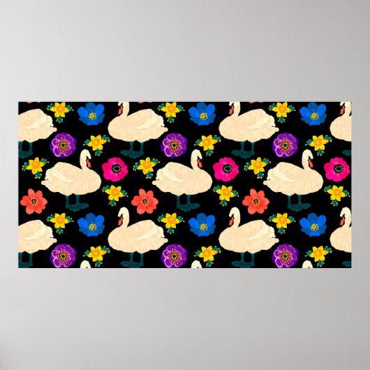 白鳥と花のシームレスなパターン、手描き ポスター (正面)