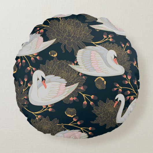 白鳥と菊、自然のパターン。 ラウンドクッション (正面)