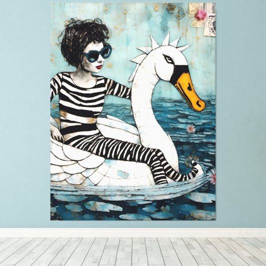 白鳥に浮かストライプのぶゼブラ姿の女性 キャンバスプリント (インサイチュ (ウッドフロア))