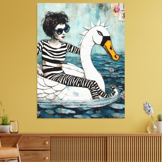 白鳥に浮かストライプのぶゼブラ姿の女性 キャンバスプリント (インサイチュ (リビング))