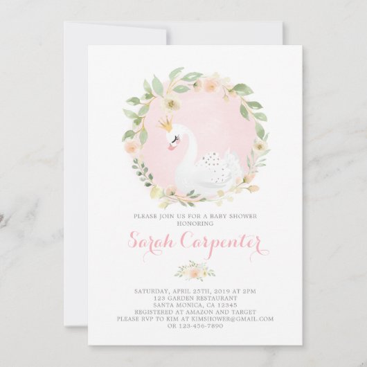 白鳥のお姫様のピンクと金ゴールドのベビーシャワー 招待状 (正面)