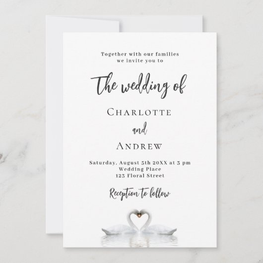 白鳥のカップル白いエレガントな結婚式 招待状 (正面)