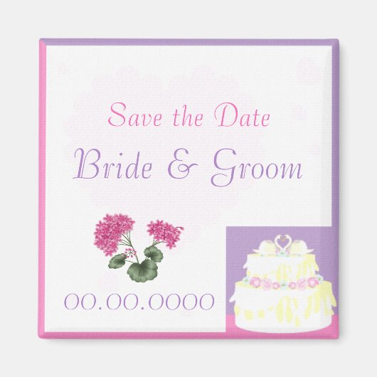 白鳥のケーキの結婚式の引き出物はまたは日付の磁石を救います マグネット (正面)
