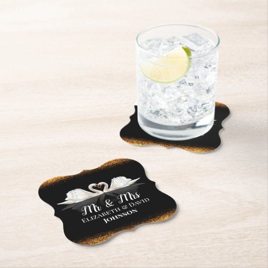 白鳥のテーマをテーマにした黒と金ゴールド結婚のテーマ ペーパーコースター (インサイチュ)