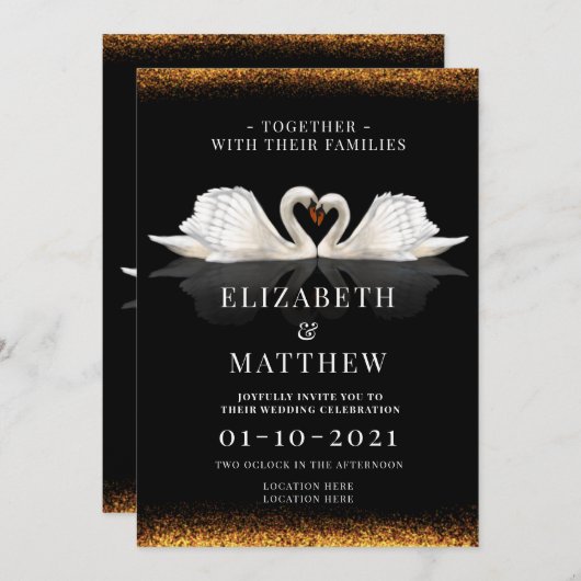 白鳥のテーマをテーマにした黒と金ゴールド結婚のテーマ 招待状 (正面/裏面)