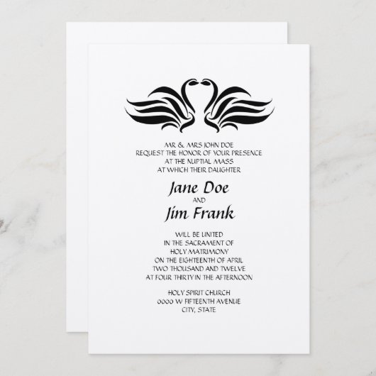 白鳥のフォーマルなカトリック教の結婚式招待状 招待状 (正面/裏面)