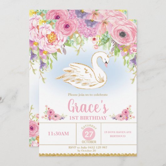 白鳥のプリンセスの誕生日の招待状の花柄の女の子 招待状 (正面/裏面)