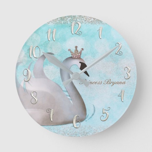 白鳥のプリンセスの金ゴールドのグリッターのブティックのスタイルのカスタム ラウンド壁時計 (正面)