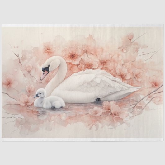 白鳥の幼鳥とピンクの花のデコパージュ 薄葉紙 (正面)