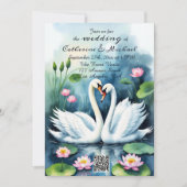 白鳥の愛の水の色蓮の池QRコード結婚s 招待状 (正面)