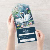 白鳥の愛の水色ロータス湖QRコード結婚ズ オールインワン招待状 (貼ってはがせる)